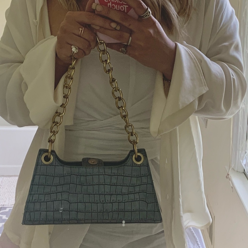 Croc-Embossed Blue Shoulder Bag